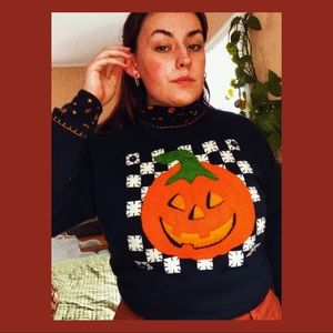 🎃 Vintage Handmade Checkered Halloween Jack o’ Lantern Crewneck 🎃